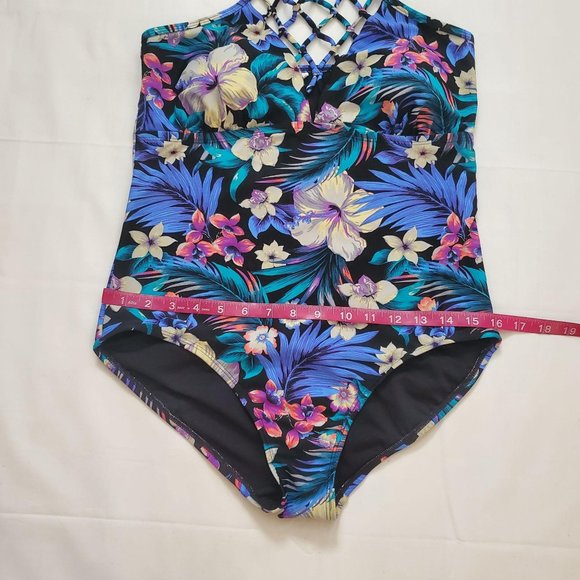 Tahiti Women's Blue/Multi One-Piece Lattice Front Halter Floral Swimsuit M(8-10) - Picture 11 of 14